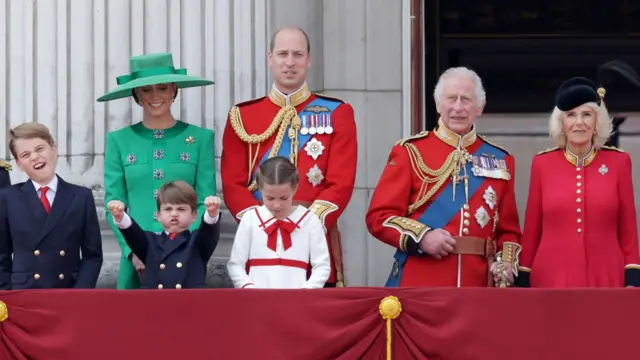 Royal family members on balcony watching flypast