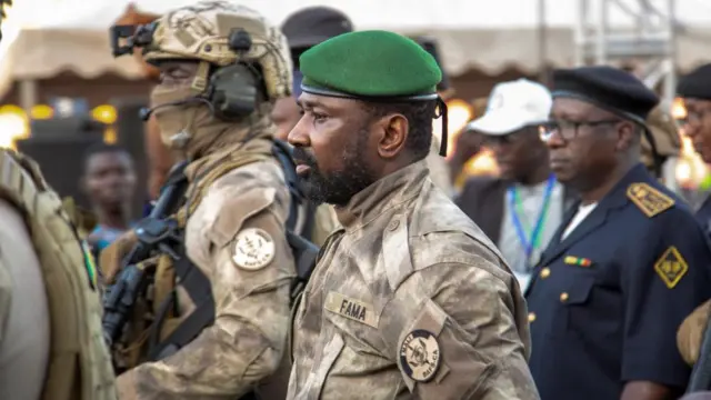 Mali's junta leader Assimi Goïta arrives to attend the last campaign rally of the "Yes" group for the referendum on constitutional amendments that would return the country to constitutional rule, in Bamako, Mali June 16, 2023