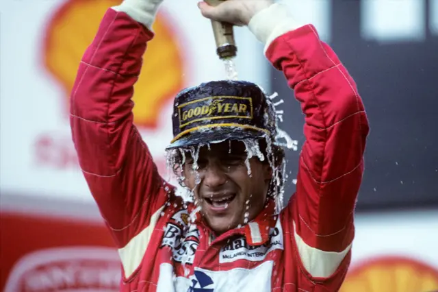 Ayrton Senna celebrating winning the 1993 Brazillian Grand Prix