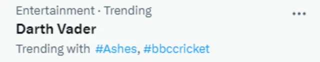 Darth Vader trending on Twitter along with #Ashes and #bbcricket