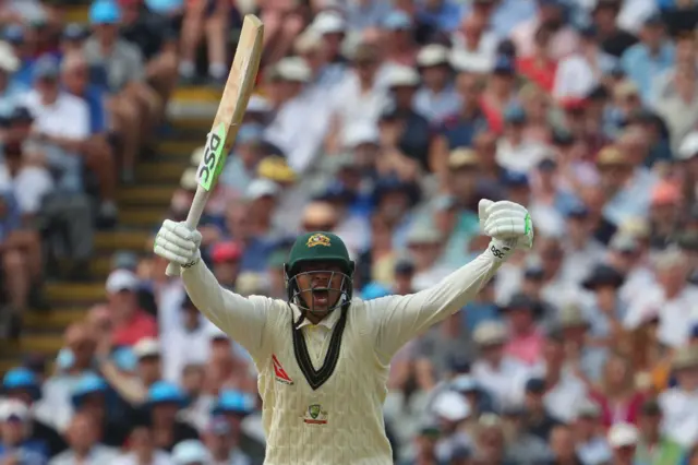 Usman Khawaja celebrating his century