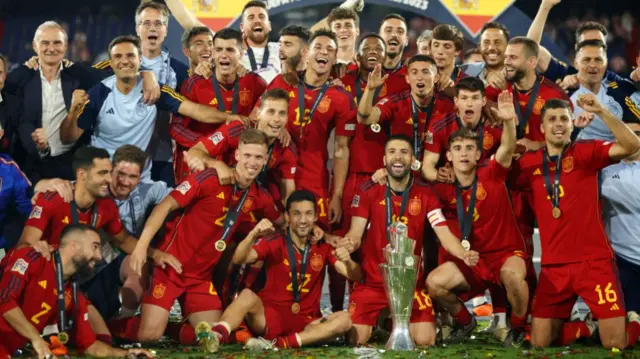 Spain players celebrate their Uefa Nations League win