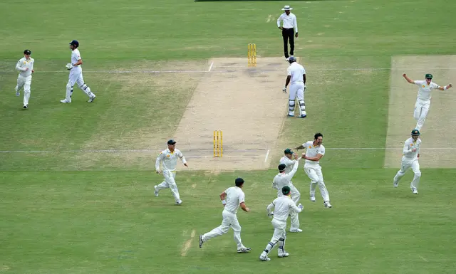 Mitchell Johnson celebrating a wicket against England at the Adelaide Oval in 2013