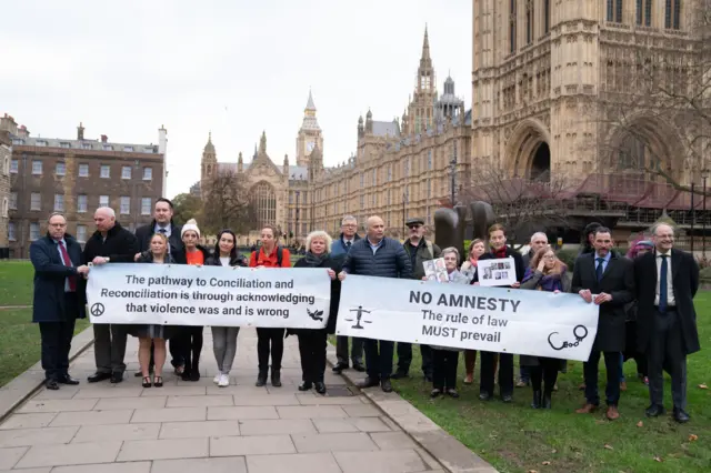 Members of the victims group South East Fermanagh Foundation (SEFF) demonstrate outside the Houses Of Parliament in Westminster before meeting with members of The House of Lords as the second reading of the Northern Ireland Troubles (Legacy and Reconciliation) Bill proceeds. Picture date: Tuesday January 31, 2023. PA Photo. The UK Government has said the Northern Ireland Troubles (Legacy and Reconciliation) Bill aims to provide better outcomes for victims, survivors and veterans. The proposed legislation has been widely criticised by Northern Ireland's political parties, as well as victims' campaigners, the Irish Government and Amnesty International.