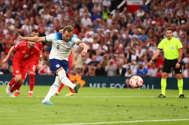 Harry Kane scores from the penalty spot in England's Euro 2024 qualifier against North Macedonia