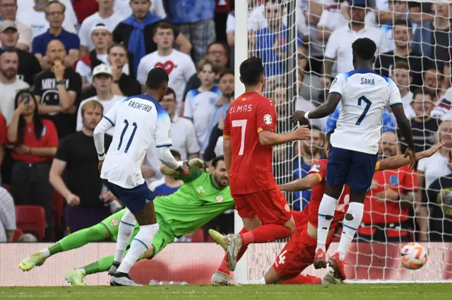 Marcus Rashford scores for England in their Euro 2024 qualifier with North Macedonia at Old Trafford