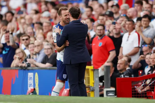 Harry Kane and Gareth Southgate embrace during England's victory over North Macedonia in Euro 2024 qualifying