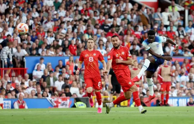 Bukayo Saka scores from range during England's Euro 2024 qualifier against North Macedonia at Old Trafford