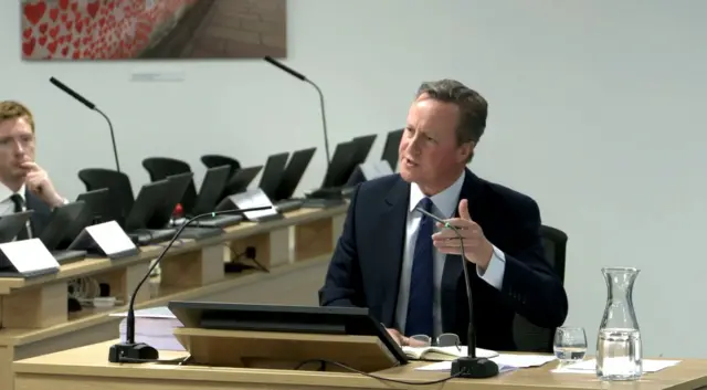 Former UK prime minister David Cameron giving evidence to the UK Covid-19 Inquiry at Dorland House in London, June 19, 2023.