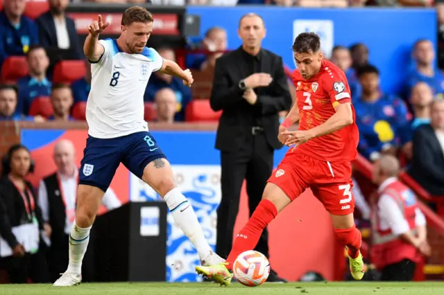 Jordan Henderson fouls Stefan Ashkovski during England's Euro 2024 qualifier with North Macedonia at Old Trafford