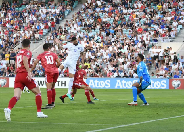 Olivier Giroud scores a header as France beat Gibraltar