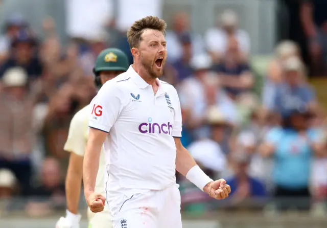 Ollie Robinson celebrating his wicket of Usman Khawaja