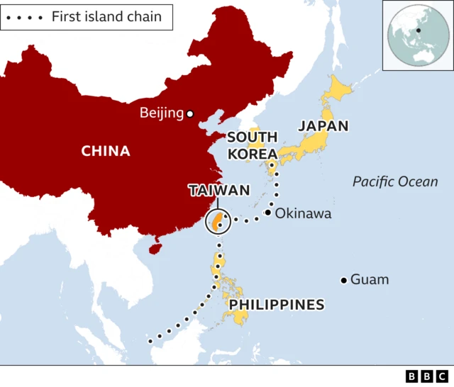 A map showing Taiwan and the "first island chain"