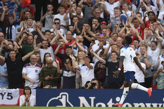 Bukayo Saka celebrates after scoring for England in their Euro 2024 qualifier against North Macedonia