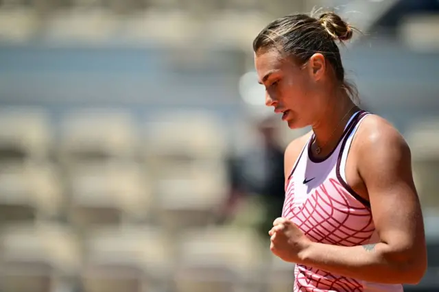 Aryna Sabalenka celebrates a point