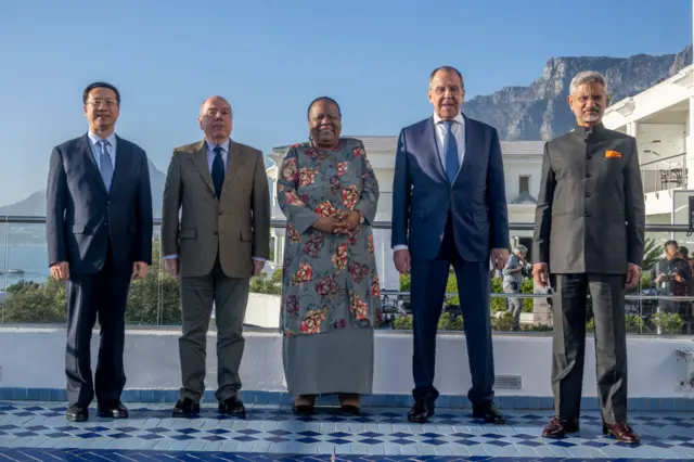 Ministers of Foreign Affairs of the five Brics countries- Qin Gang (China), Mauro Vieira (Brazil), Dr Naledi Pandor (South Africa), Sergei Lawrof (Russia) and Subrahmanyam Jaishankar (India) during a BRICS meeting at Twelve Apostles Hotel on  1 June in Cape Town, South Africa.