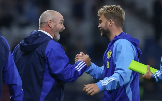 Steve Clarke and coach James Morrison celebrate at full-time