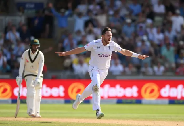 Ollie Robinson celebrates a wicket during the Ashes