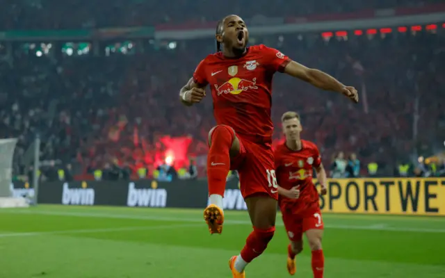 Christopher Nkunku celebrates scoring for RB Leipzig