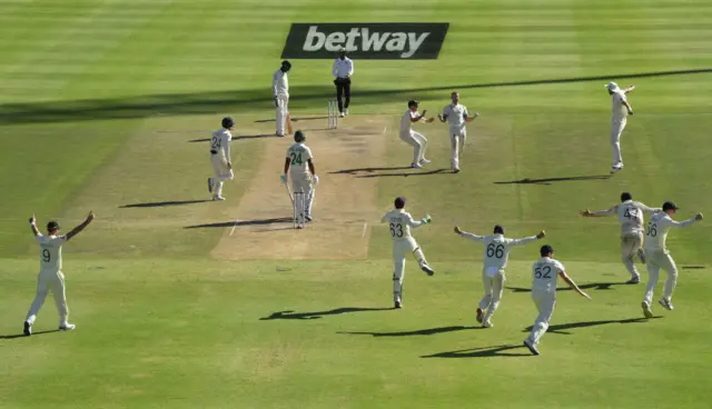 England celebrate wicket against South Africa