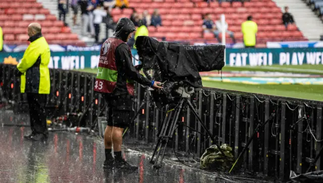 The rain is bouncing off the track at Hampden