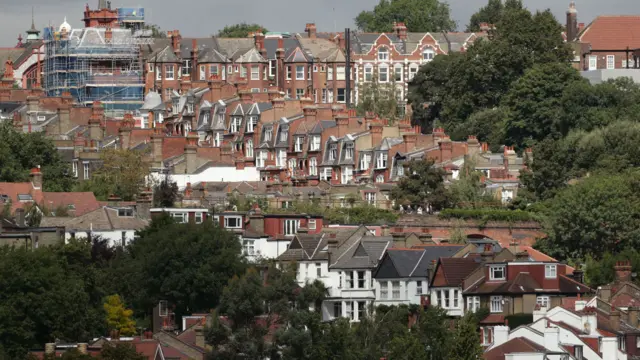 A wide shot of terraced houses