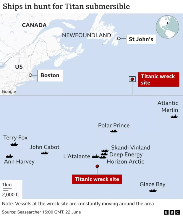 A map showing the current location of vessels involved in the search