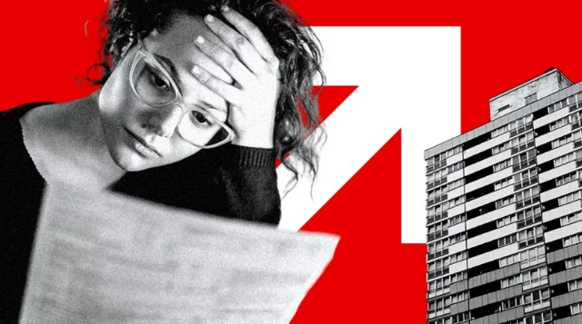 Graphic showing woman looking at a mortgage bill