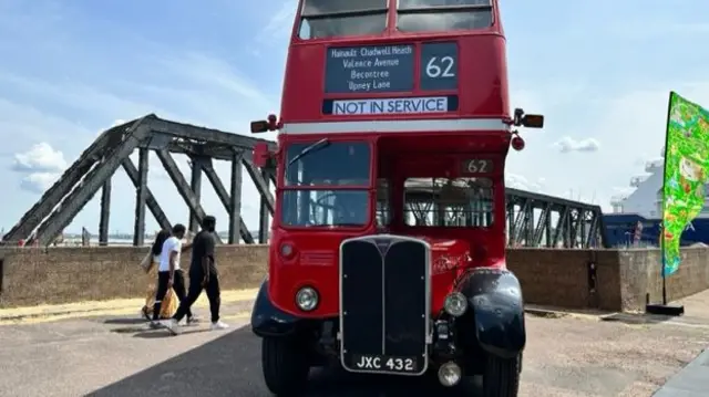 A read bus parked near Tilbury dock