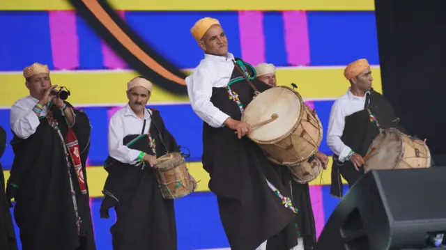 Moroccon band The Master Musicians of Joujouka was on the Pyramid Stage earlier on Friday