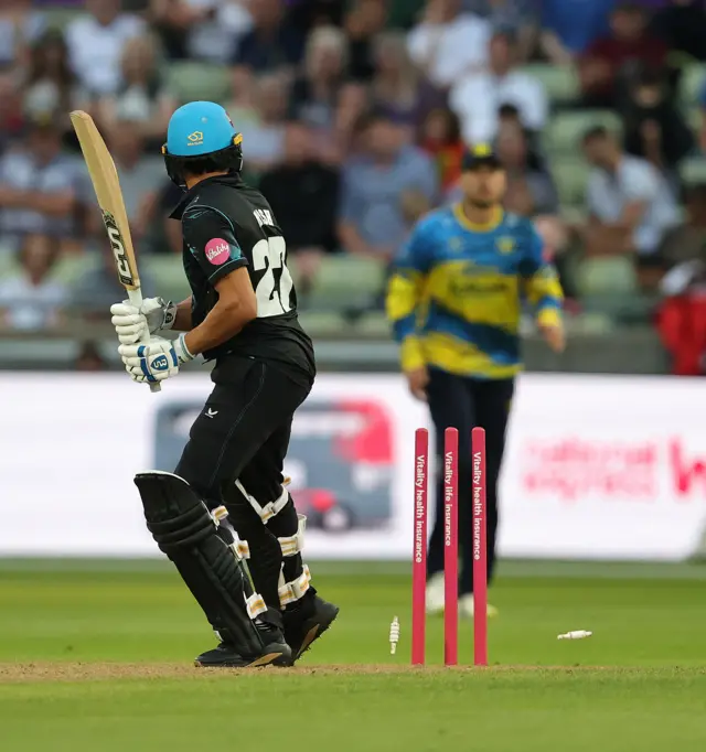 Kashif Ali of the Worcestershire Rapids looks back after being bowled by Hasan Ali