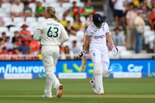 Nat Sciver-Brunt walks off dejected after being dismissed