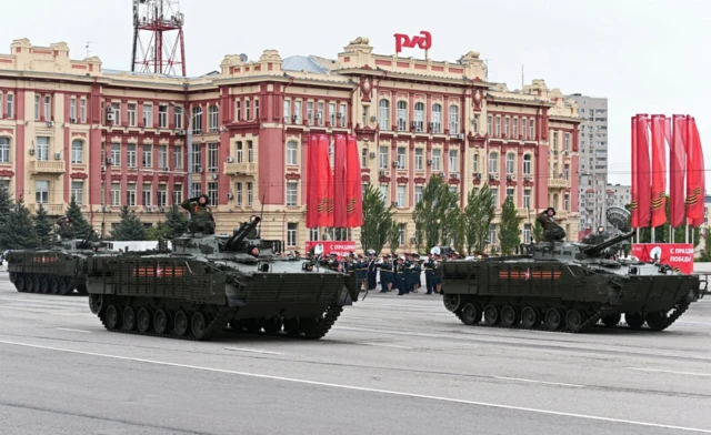 Russian infantry during a military parade on Victory Day in Rostov-on-Don in May 2023