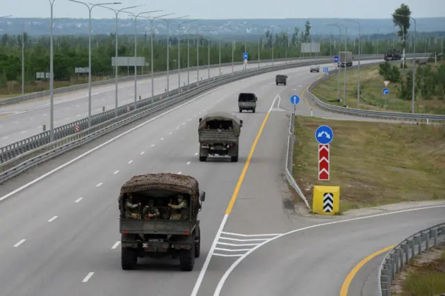 A military column of Wagner private mercenary group drives along M-4 highway