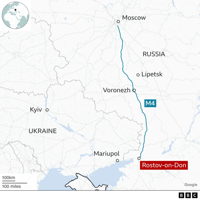 A map showing the area of Ukraine and Russia, with Rostov-on-Don, Voronezh, and Moscow