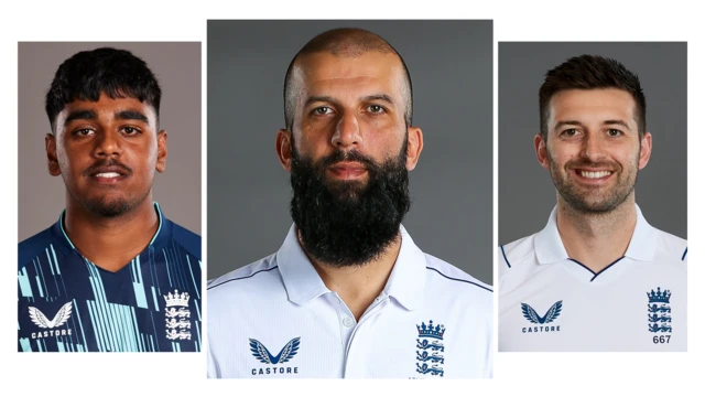 Left to right: Rehan Ahmed, Moeen Ali and Mark Wood