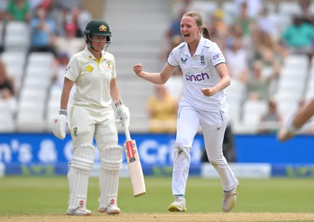 Lauren Filer celebrates wicket of Tahlia McGrath