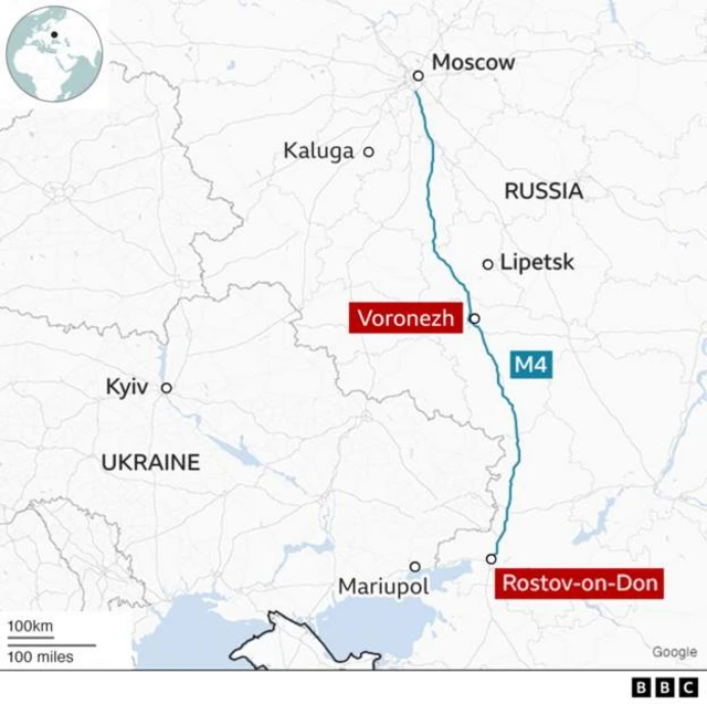 Map showing Wagner convoy path from Rostov-on-Don north to Moscow