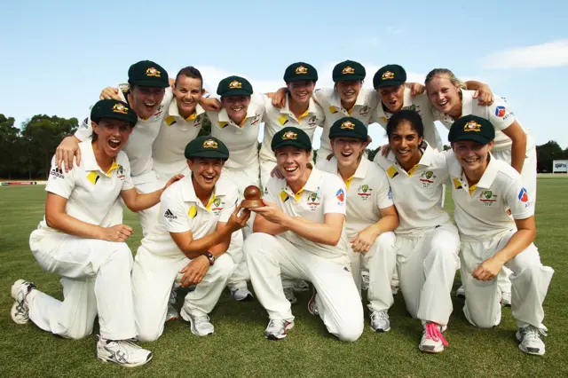 Australia celebrate winning the 2011 Women's Ashes Test