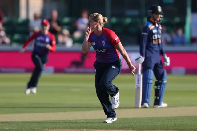 Katherine Brunt celebrates the wicket of India's Shafali Verma