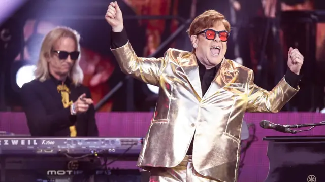 Elton John performs on the Pyramid Stage during the Glastonbury Festival