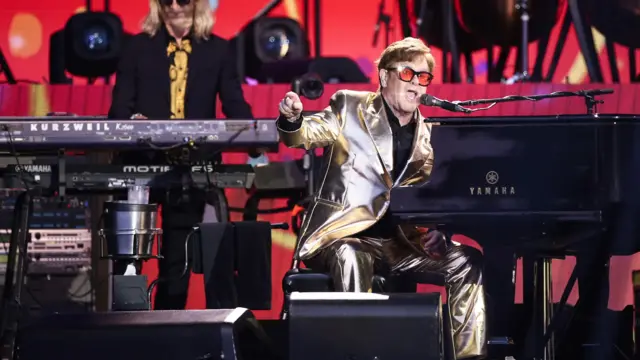 Elton John performs on the Pyramid Stage