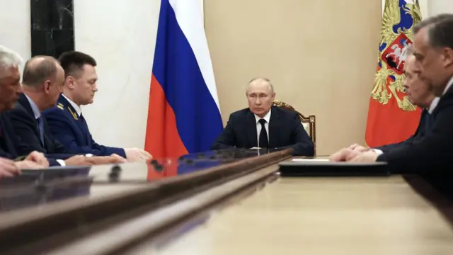 Russian President Vladimir Putin chairs a working meeting with the participation of heads of Russian law enforcement agencies at the Kremlin in Moscow, Russia, 26 June 2023.