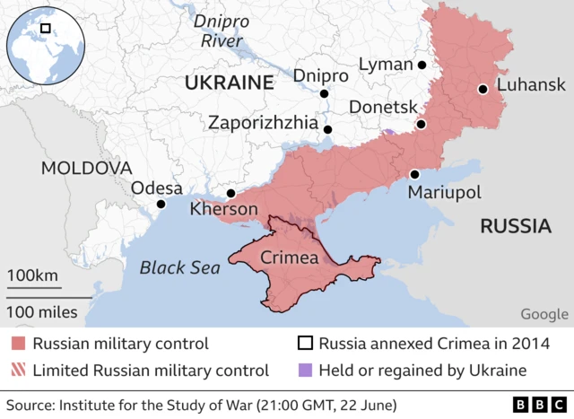 A map showing Russian-occupied territory in southern Ukraine