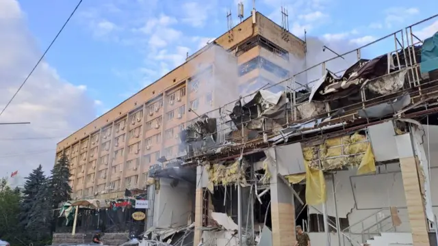 A view shows a restaurant heavily damaged by a Russian missile strike