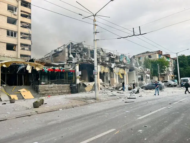 View of a restaurant buildingh heavily damaged by a Russian missile strike, amid Russia's attack on Ukraine, in central Kramatorsk, Donetsk region, Ukraine June 27, 2023.