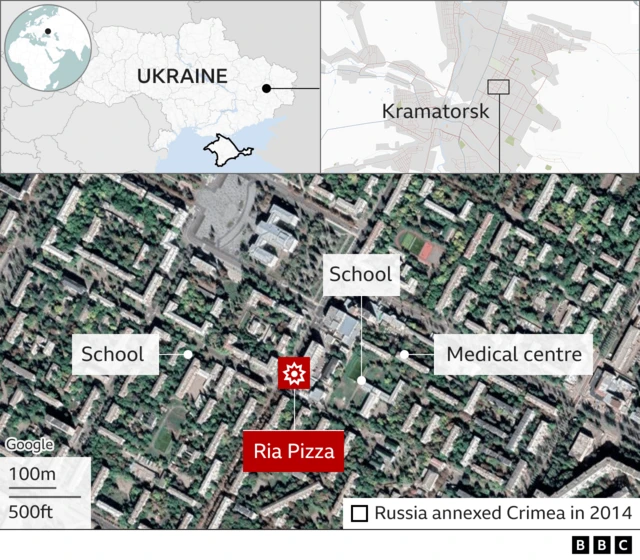 A composite image with a map showing the location of Kramatorsk in eastern Ukraine, as well as an annotated satellite image that shows the location of the blast at Ria Pizza - with nearby schools and a medical centre also marked