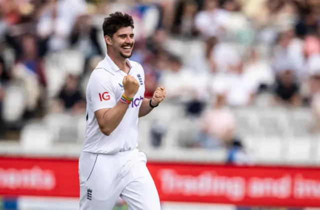 Josh Tongue celebrating a wicket against Ireland