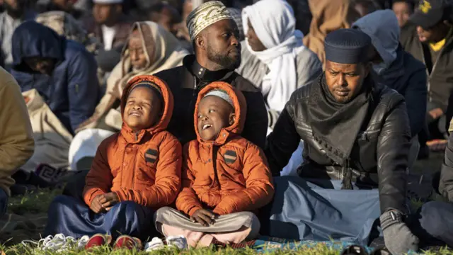 People at the Eid Al-Adha prayer at a public park in Johannesburg, South Africa