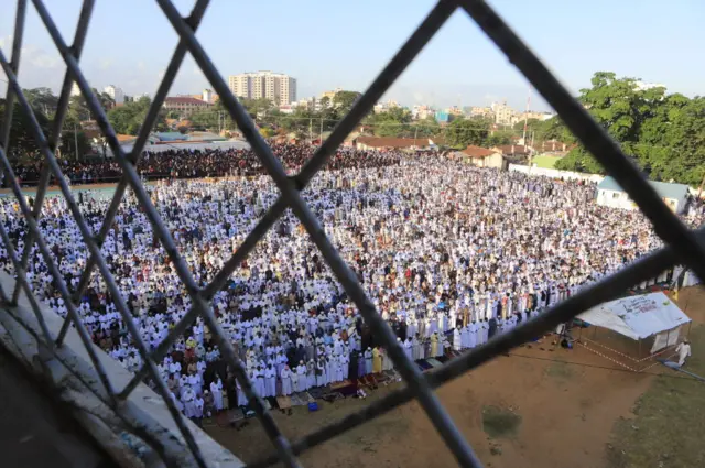 Muslims perform the Eid al-Adha prayer at the Tononoka Square in Mombosa, Kenya on June 28, 2023